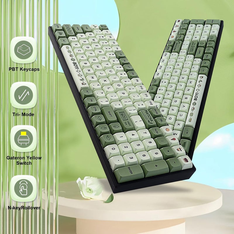 Boyi TK96 Full Size Wireless RGB Mechanical Keyboard,BT5.0/2.4Ghz/Type-C Wired Hot Swap Gasket 4000mAh Rechargeable Matcha Green XDA PBT Keycaps Gaming Keyboard with Gateron Yellow Switch - Image 4